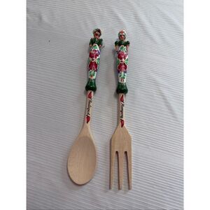 Vintage Hungarian Lady and Man Wood Salad Serving Fork and Spoon